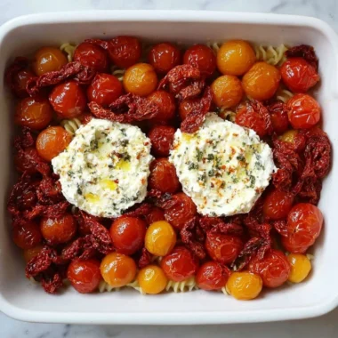 Baked feta pasta with Boursin cheese topped with cherry tomatoes and basil