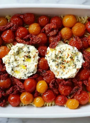Baked feta pasta with Boursin cheese topped with cherry tomatoes and basil