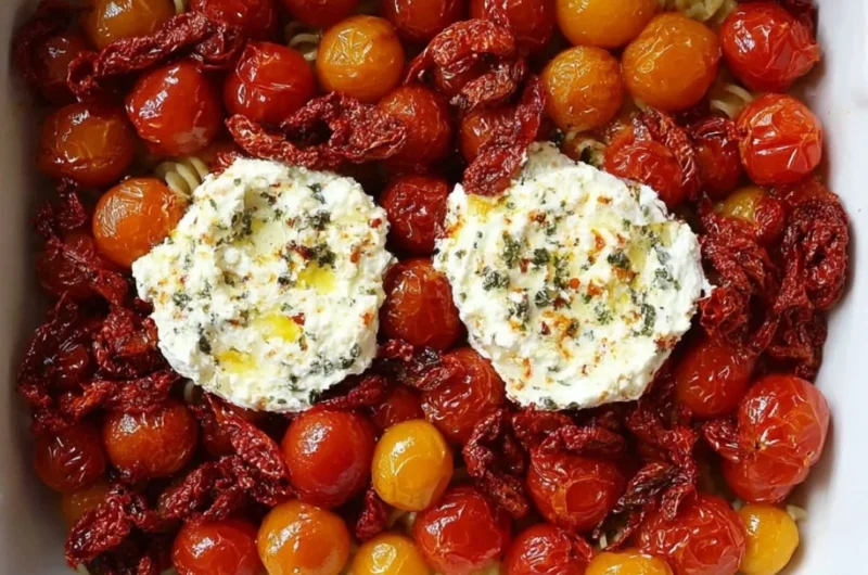 Baked feta pasta with Boursin cheese topped with cherry tomatoes and basil