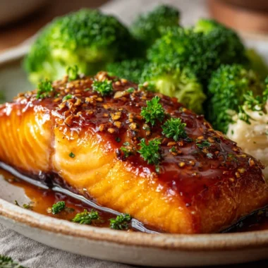 Delicious baked salmon fillets served with herbs and lemon