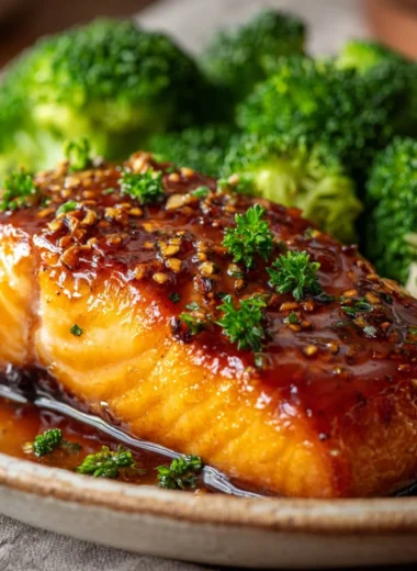 Delicious baked salmon fillets served with herbs and lemon