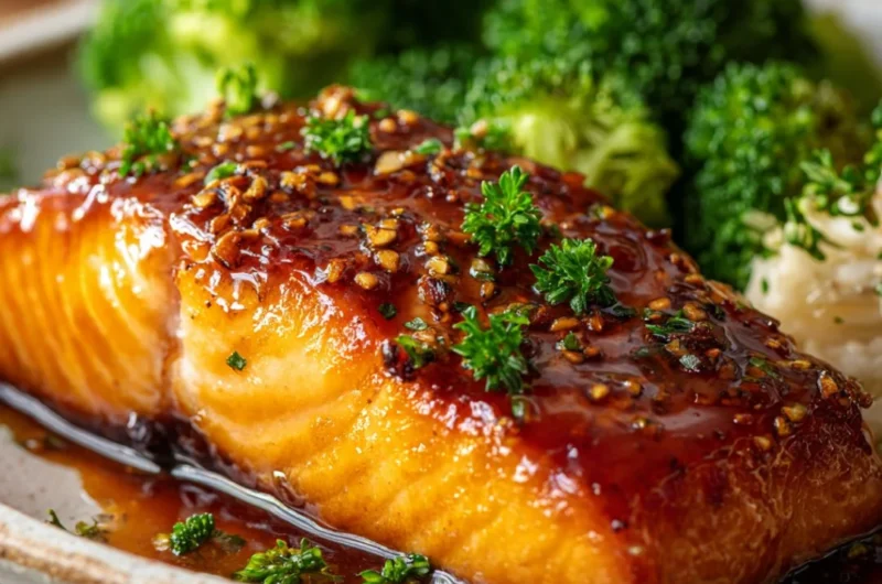 Delicious baked salmon fillets served with herbs and lemon