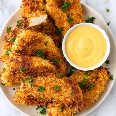 Breaded air fryer chicken tenders on a plate with dipping sauce