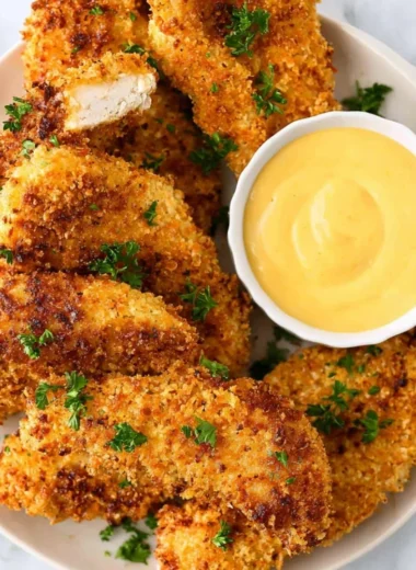 Breaded air fryer chicken tenders on a plate with dipping sauce