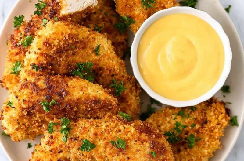 Breaded air fryer chicken tenders on a plate with dipping sauce