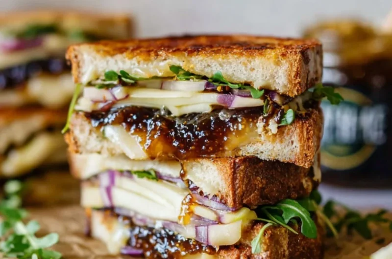 Brie, fig, and apple grilled cheese sandwich on a plate
