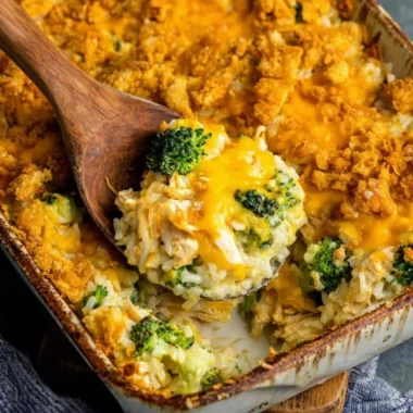 Broccoli cheddar chicken and rice casserole served in a baking dish