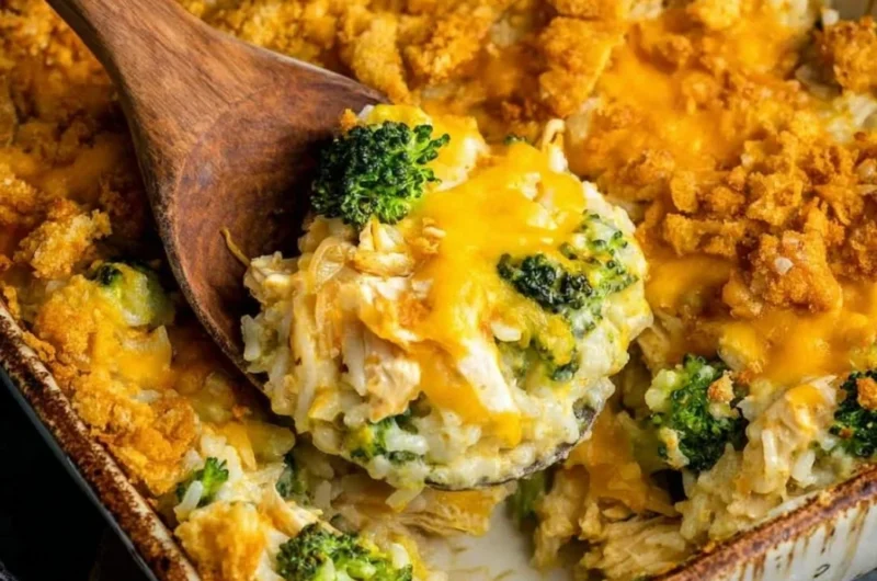 Broccoli cheddar chicken and rice casserole served in a baking dish