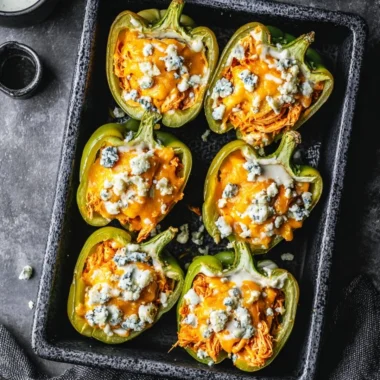 Delicious Buffalo Chicken Stuffed Peppers with spicy filling