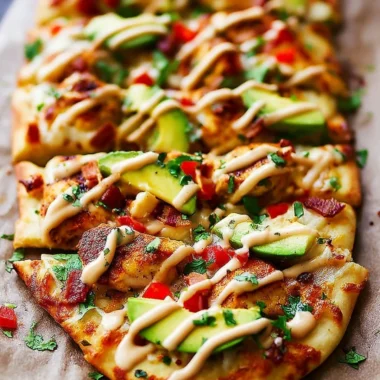California Chicken Flatbread with Chipotle Ranch on a wooden serving board