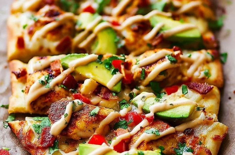 California Chicken Flatbread with Chipotle Ranch on a wooden serving board