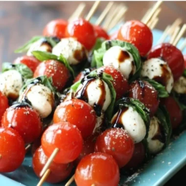 Colorful Caprese Salad Skewers featuring fresh mozzarella, tomatoes, and basil