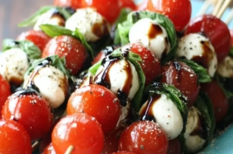 Colorful Caprese Salad Skewers featuring fresh mozzarella, tomatoes, and basil