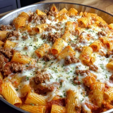 Cheesy baked rigatoni with ground beef served in a warm dish