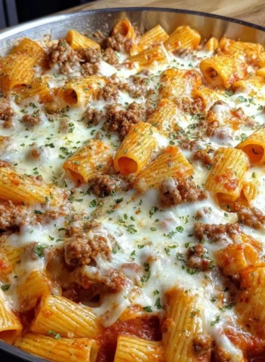 Cheesy baked rigatoni with ground beef served in a warm dish