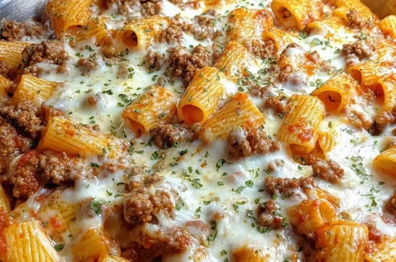 Cheesy baked rigatoni with ground beef served in a warm dish