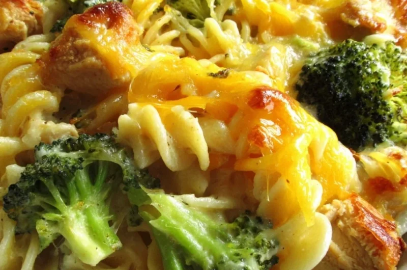 Cheesy broccoli chicken noodle casserole baked in a dish with golden cheese on top