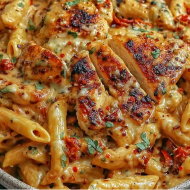 Plate of creamy Chicken Mozzarella Pasta garnished with fresh basil