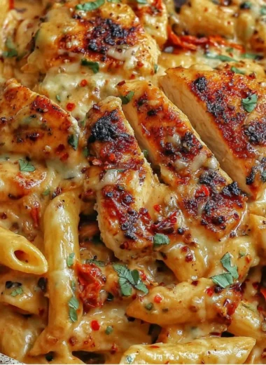 Plate of creamy Chicken Mozzarella Pasta garnished with fresh basil