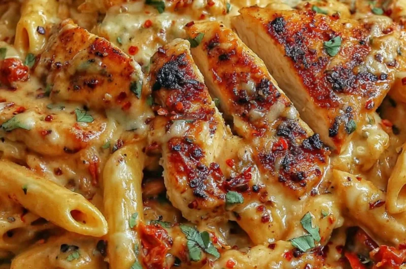 Plate of creamy Chicken Mozzarella Pasta garnished with fresh basil