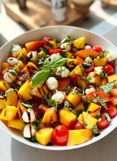 Chopped Peach Caprese Salad with fresh peaches, mozzarella, and basil