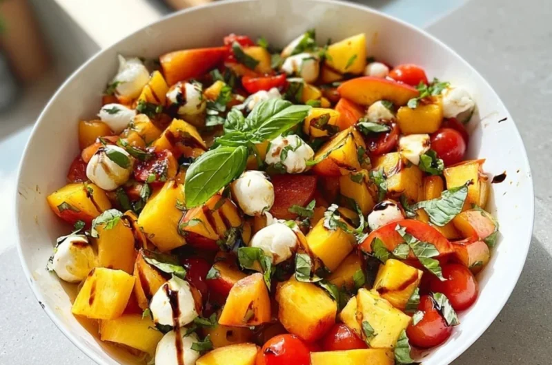 Chopped Peach Caprese Salad with fresh peaches, mozzarella, and basil