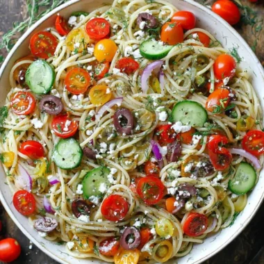 Colorful cold spaghetti salad with vegetables and dressing in a bowl