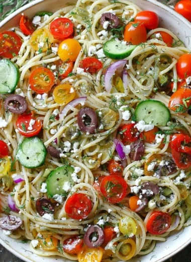 Colorful cold spaghetti salad with vegetables and dressing in a bowl