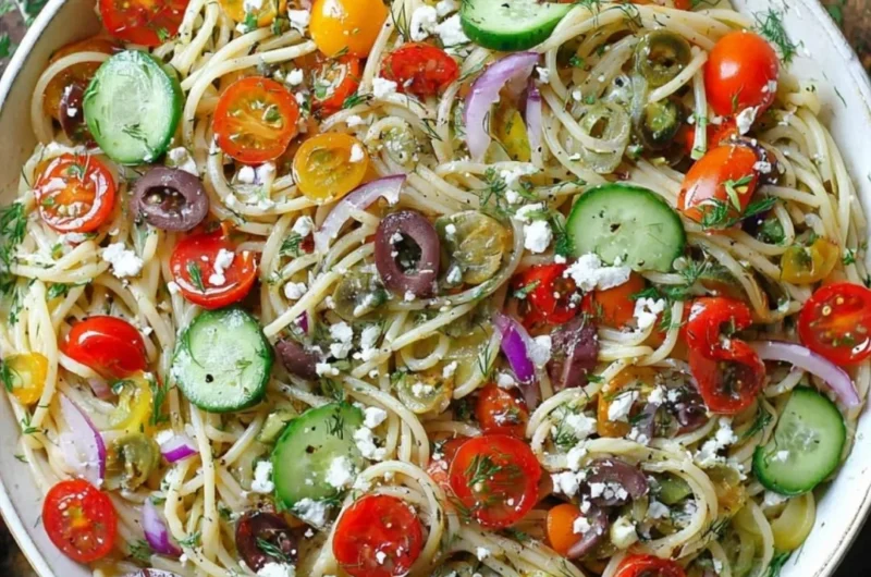Colorful cold spaghetti salad with vegetables and dressing in a bowl
