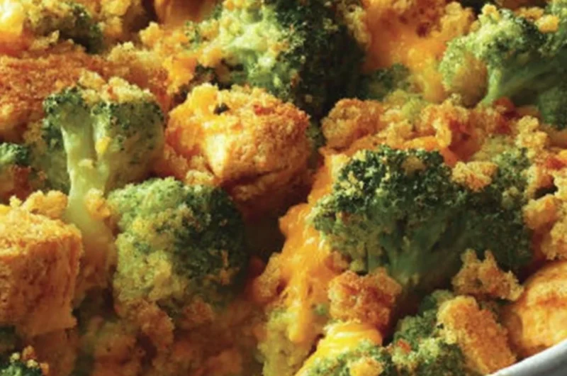 Delicious broccoli chicken casserole ready to be served with a golden topping.