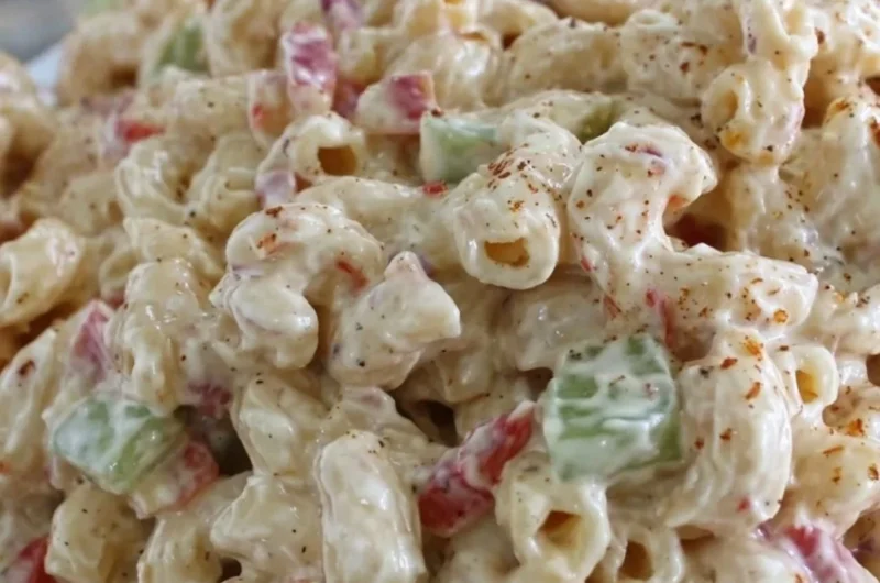 Creamy macaroni salad served in a bowl with fresh vegetables and herbs