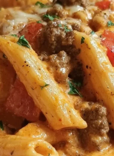 Delicious creamy Rotel pasta with ground beef served in a bowl
