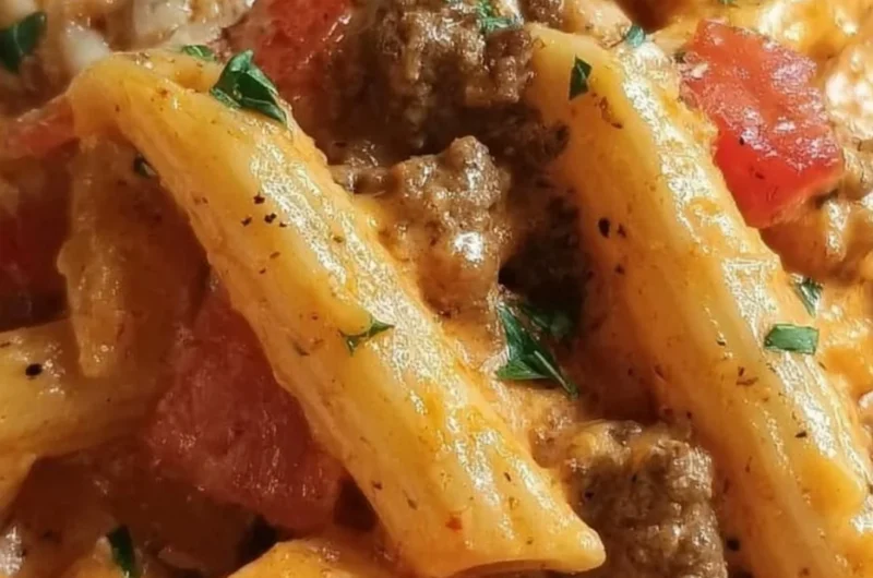 Delicious creamy Rotel pasta with ground beef served in a bowl