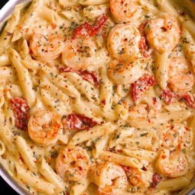 Delicious creamy shrimp pasta with herbs and spices