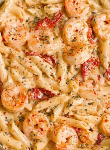Delicious creamy shrimp pasta with herbs and spices