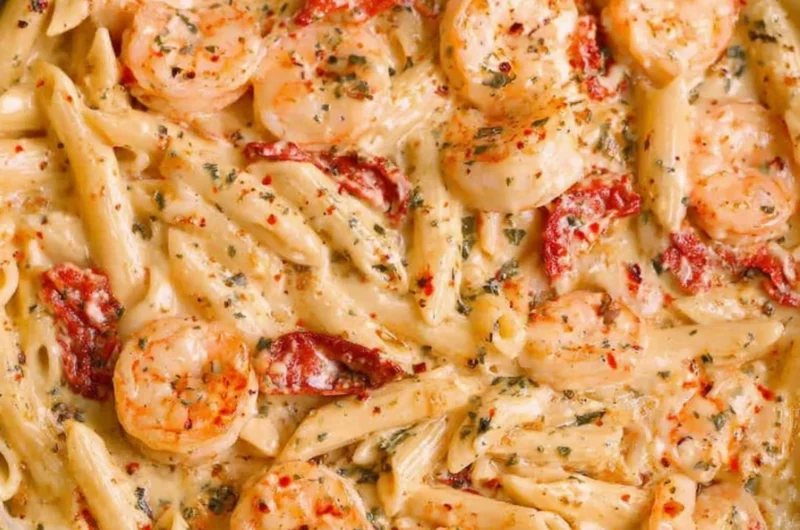 Delicious creamy shrimp pasta with herbs and spices