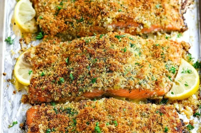 Crispy Garlic Parmesan Salmon fillet garnished with herbs on a plate.