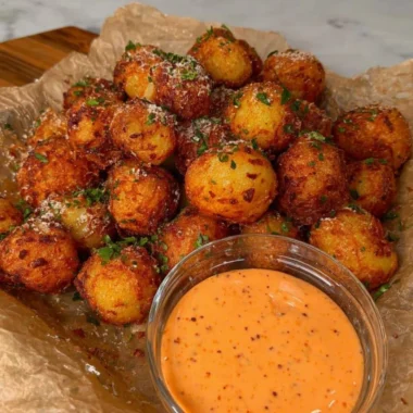 Crispy vegan potato balls served with sriracha mayo dipping sauce