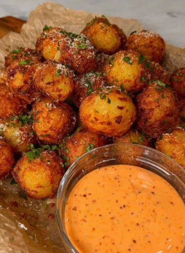 Crispy vegan potato balls served with sriracha mayo dipping sauce