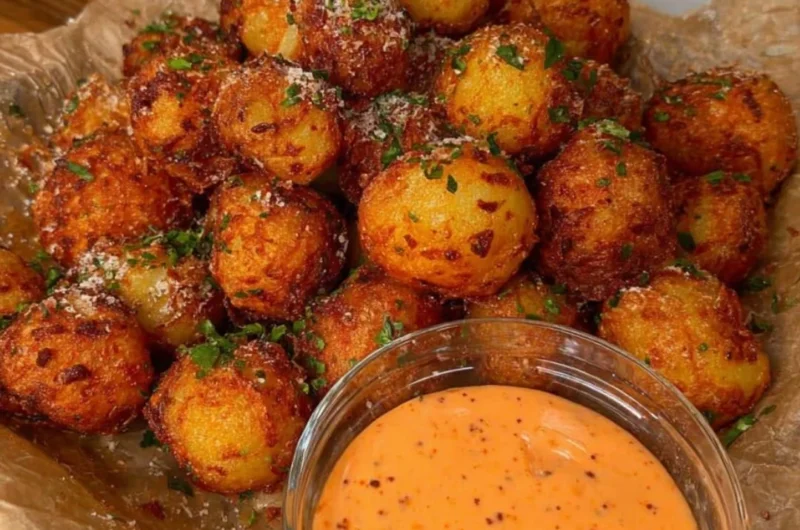 Crispy vegan potato balls served with sriracha mayo dipping sauce