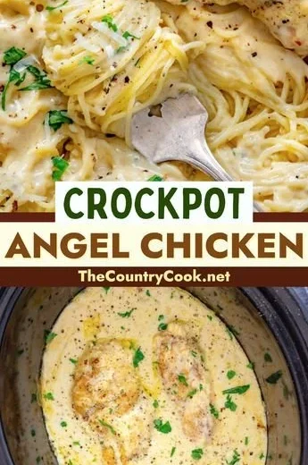Crock Pot Angel Chicken dish served with rice and vegetables
