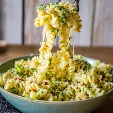 Plate of easy Italian broccoli pasta garnished with herbs