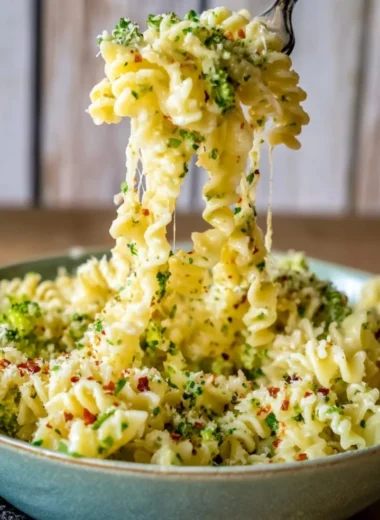 Plate of easy Italian broccoli pasta garnished with herbs