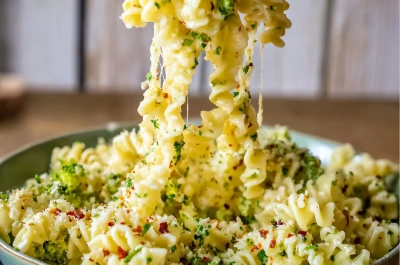 Plate of easy Italian broccoli pasta garnished with herbs