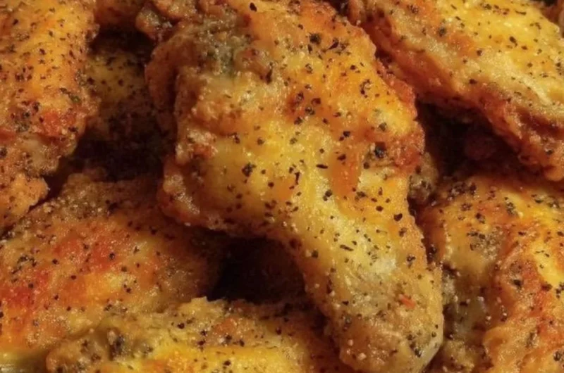 Crispy lemon pepper chicken wings served with fresh lemon slices and herbs.