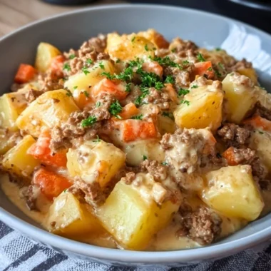 One-pan creamy meat and potato skillet ready to be served
