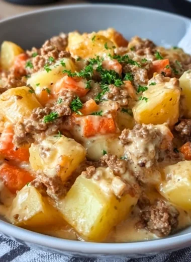 One-pan creamy meat and potato skillet ready to be served
