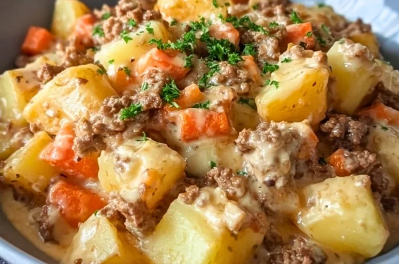 One-pan creamy meat and potato skillet ready to be served