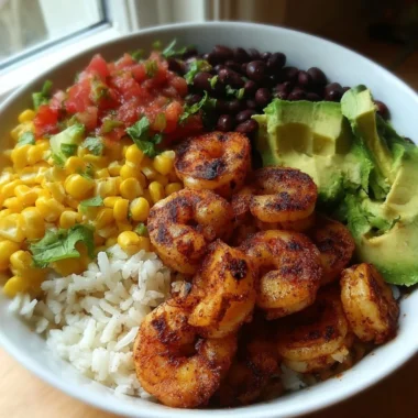 Colorful Fiesta Shrimp Rice Bowl with shrimp, rice, and fresh vegetables