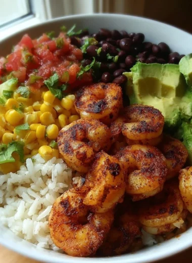 Colorful Fiesta Shrimp Rice Bowl with shrimp, rice, and fresh vegetables